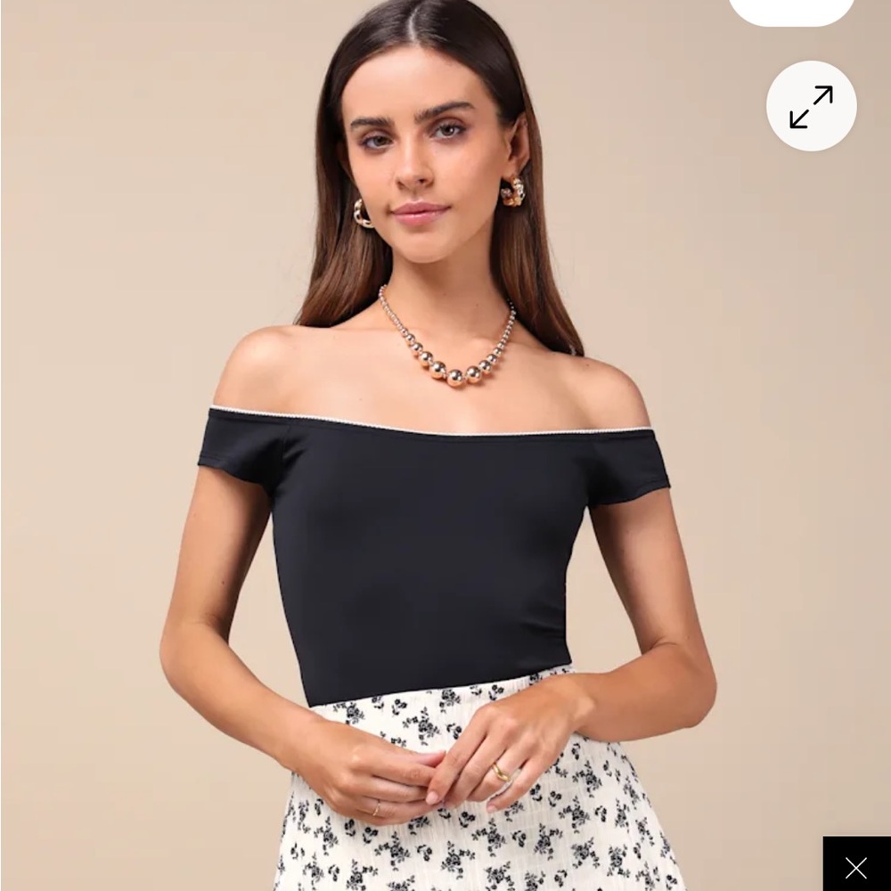 Lulu's Black Off-the-Shoulder Bodysuit with cream lace accent
